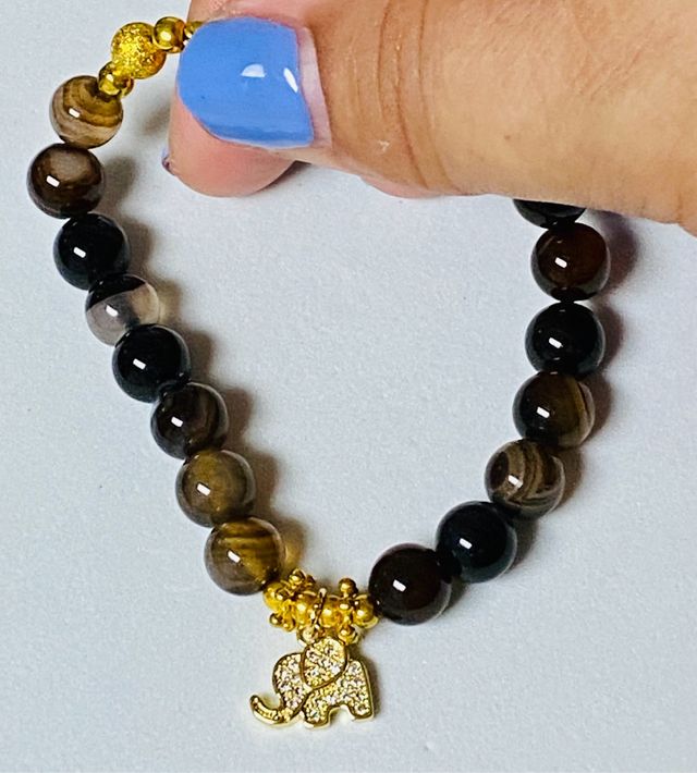 Pulsera Agata Onix y elefante oro Goldfilled 18 kt