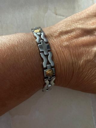Pulsera acero inox con cabezas de león doradas