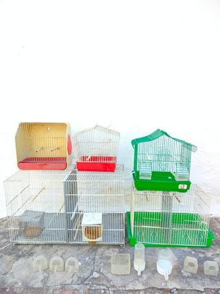LOTE 5 jaulas para pájaros y accesorios