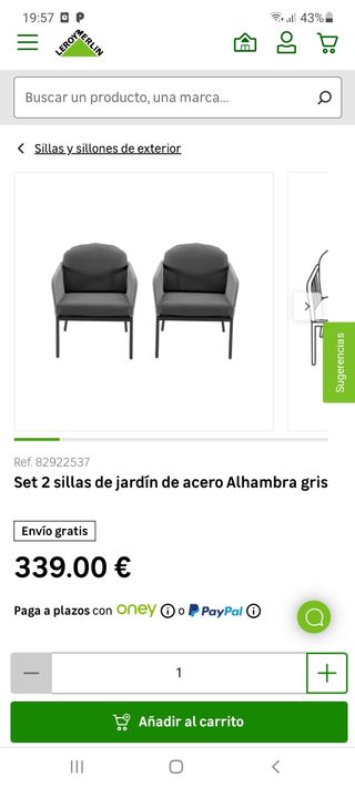 Set 2 sillas de jardín de acero Alhambra gris