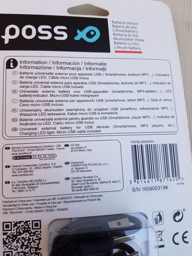 POWER BANK BATERÍA PORTÁTIL 2600 mAh