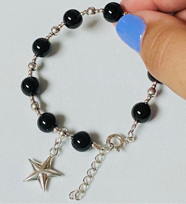Pulsera de obsidiana y charm en plata de ley 925