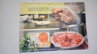 ESPAÑA 2014 HOJA BLOQUE GASTRONOMIA JAMON Y MANAD