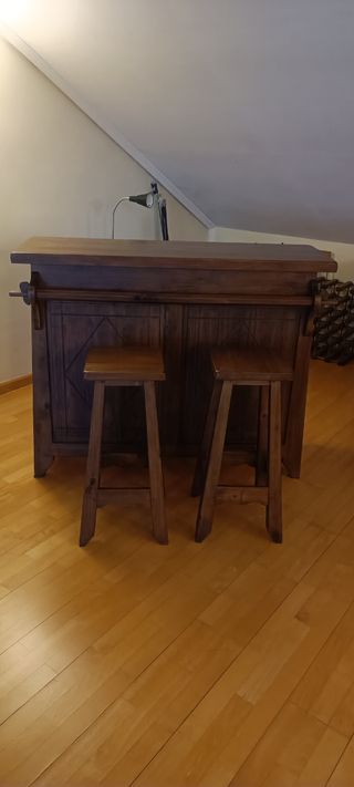 Barra de Bar en Madera Maciza + 2 Taburetes