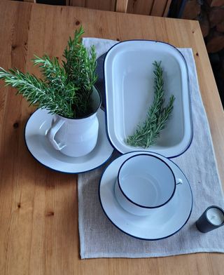 Antiguo Vajilla Hierro Esmaltado Filo Azul