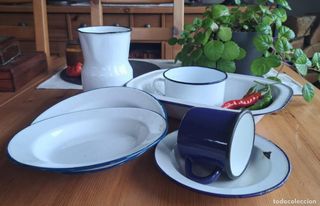 Antiguo Vajilla Hierro Esmaltado Filo Azul
