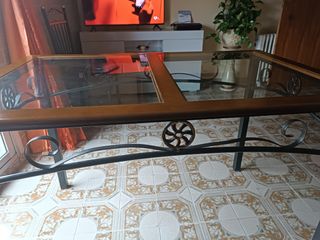 Mesa de madera, metal y cristal