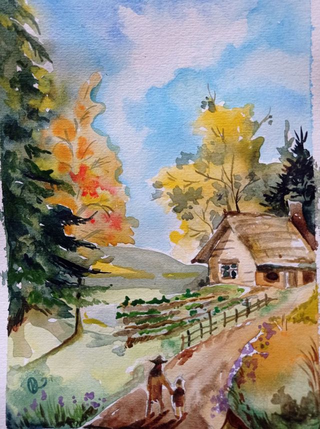 Dibujo acuarela paisaje rústico