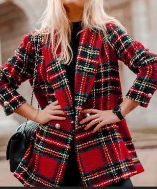 Blazer larga cuadros multicolor - Zara