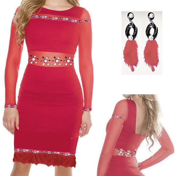 Vestido manga larga con plumas y pedrería