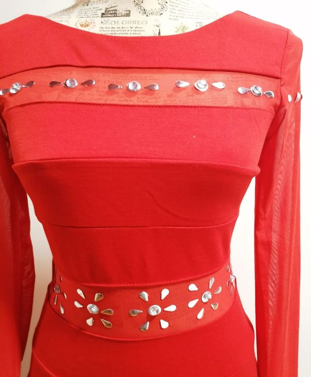 Vestido manga larga con plumas y pedrería