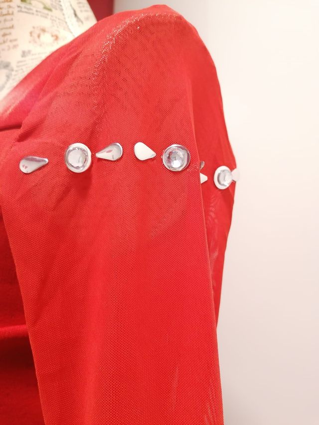 Vestido manga larga con plumas y pedrería