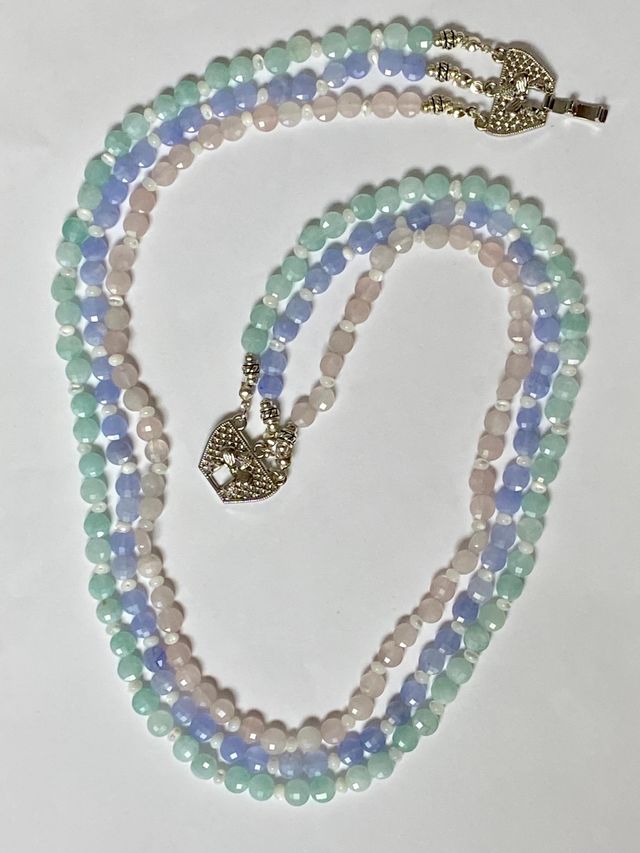 Collar de piedras preciosas triple y plata ley 925