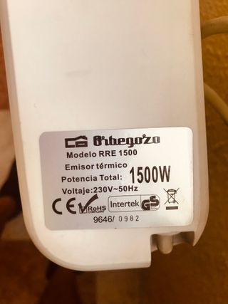 RADIADOR EMISOR TERMICO ORBEGOZO RRE 1510 1500W