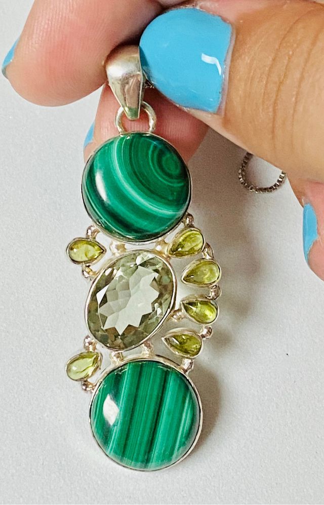 Colgante malaquita y gemas+cadena en plata ley 925