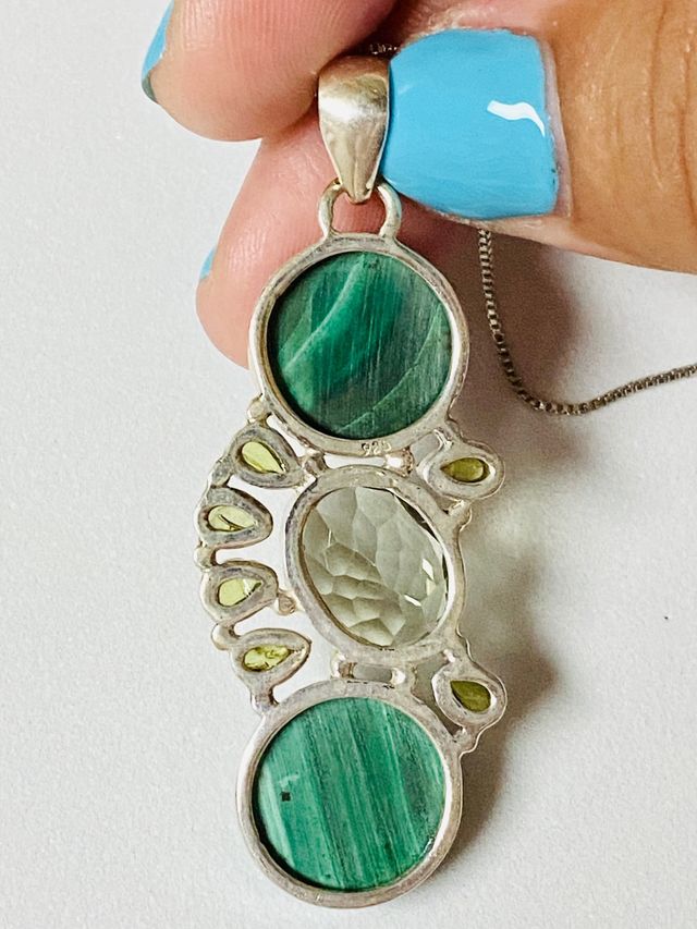 Colgante malaquita y gemas+cadena en plata ley 925