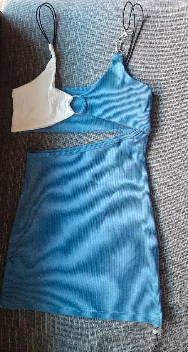 Abito corto aderente blu e bianco