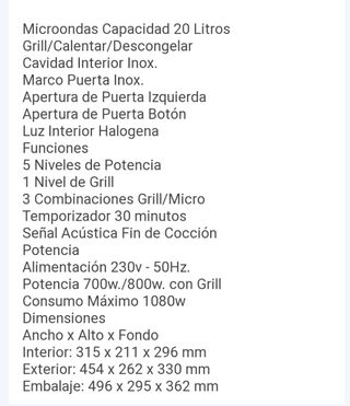 Microondas con grill inox 20L