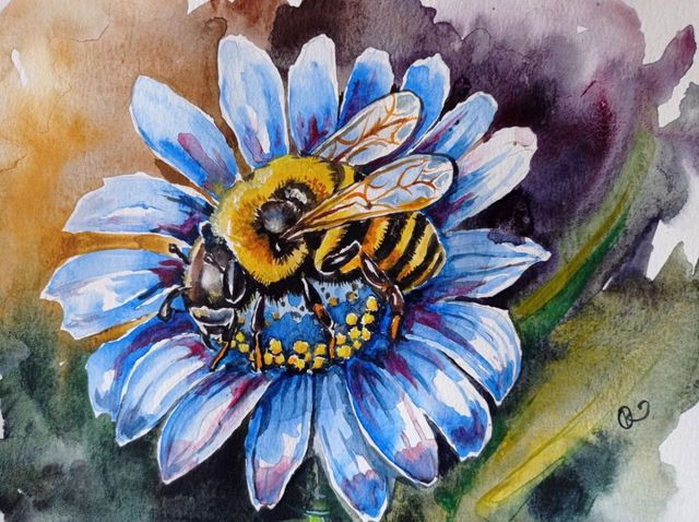 Acuarela flor y abeja polinizadora
