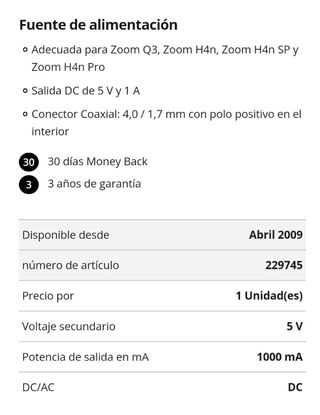 Fuente de Alimentación ZOOM AD-14E para Grabadora