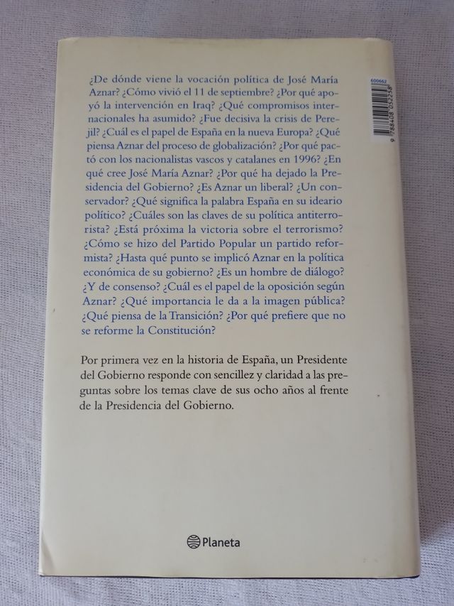 Libro de José María Aznar. Editorial Planeta