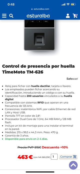 Control de presencia por huella TimeMoto TM-626