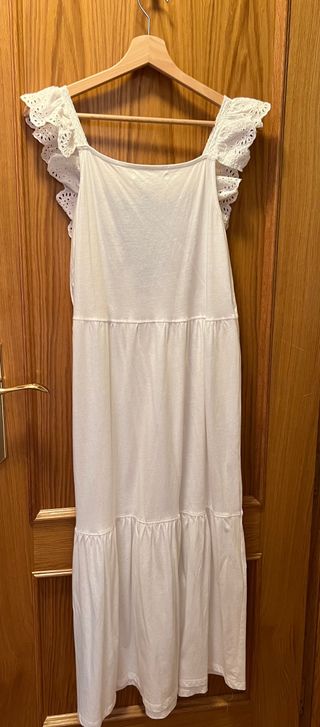 Vestido blanco midi tirantes, detalle bordado azul
