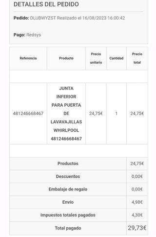 Goma puerta lavavajillas ref. 481246668467