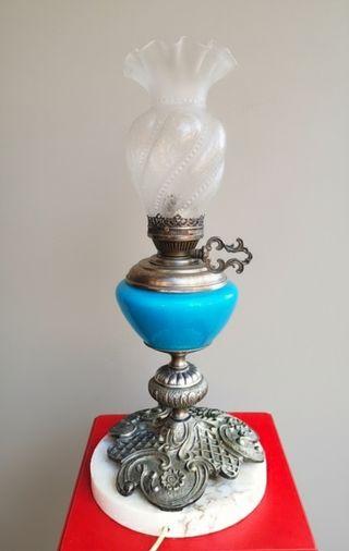 ANTIGUA LAMPARA DE CRISTAL DE OPALINA Y ALPACA -