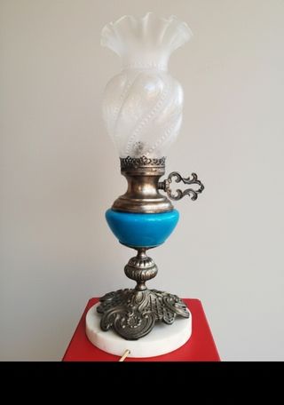 ANTIGUA LAMPARA DE CRISTAL DE OPALINA Y ALPACA -