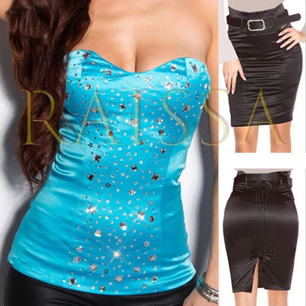 Conjunto de Top con pedrería y Falda con cinturón