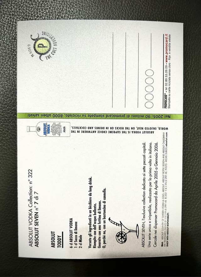 Cartolina pubblicitaria Absolute vodka, collezione