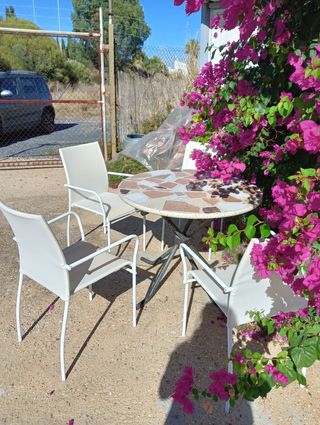 Mesa  jardín hierro y mármol  + jarrón