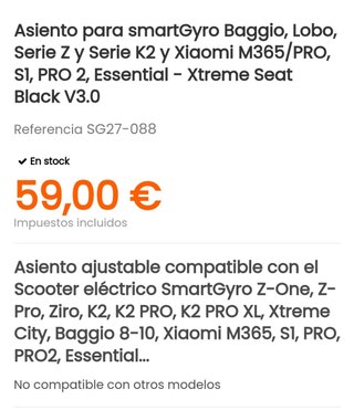 Sillín patinete eléctrico. Smartgyro