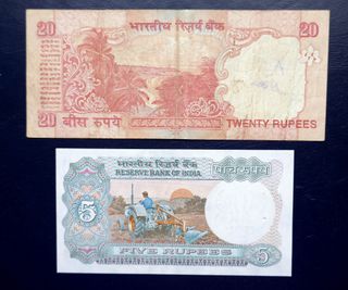 INDIA. LOTE DE 2 BILLETES DE 5 Y 20 RUPIAS.