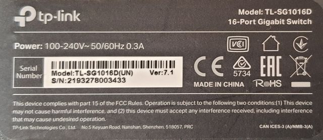 TP Link TL-SG1016D 16 port Gigabit enrackable
