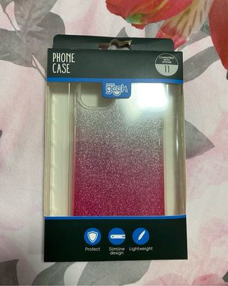 Carcasa iPhone 11 rosa y plata con glitter