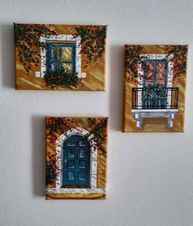 Quadretti dipinti a mano, casa, portone,finestra