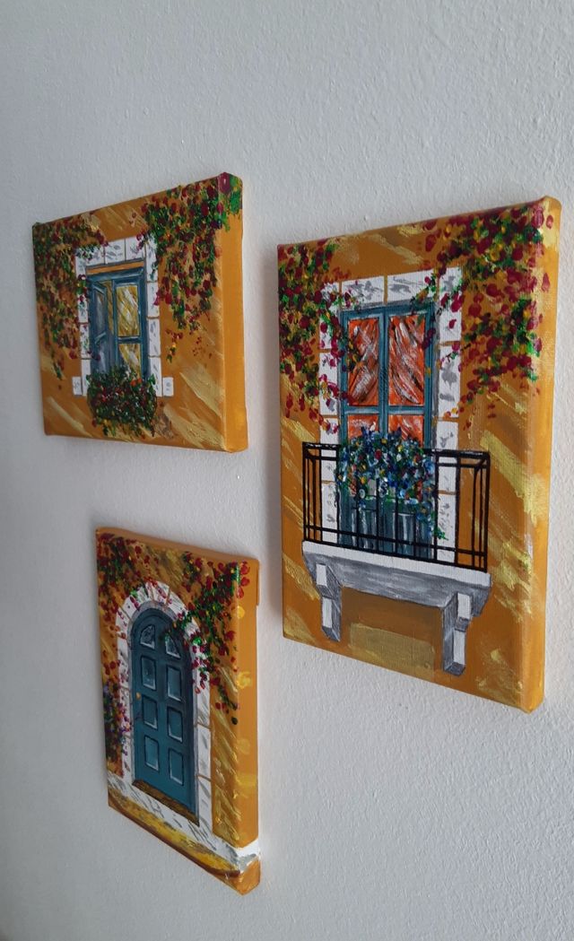 Quadretti dipinti a mano, casa, portone,finestra