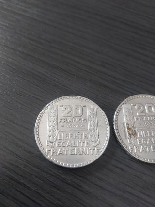 2 monedas Plata 20 francos 1933/1934
