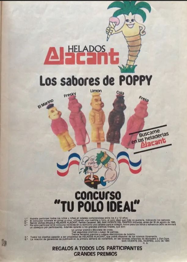 Publi de prensa 1985 HELADOS ALACANT POPEYE POPPY