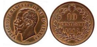 VITTORIO ENMANUEL 1863 MONEDA COBRE 10 CENTIMOS