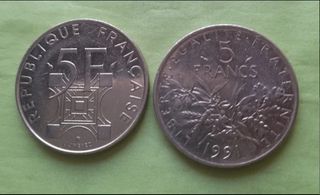 Lote 2 monedas de 5 francos franceses.