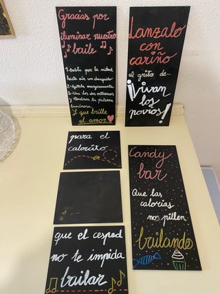 Carteles deco boda. Madera y acabado pizarra.