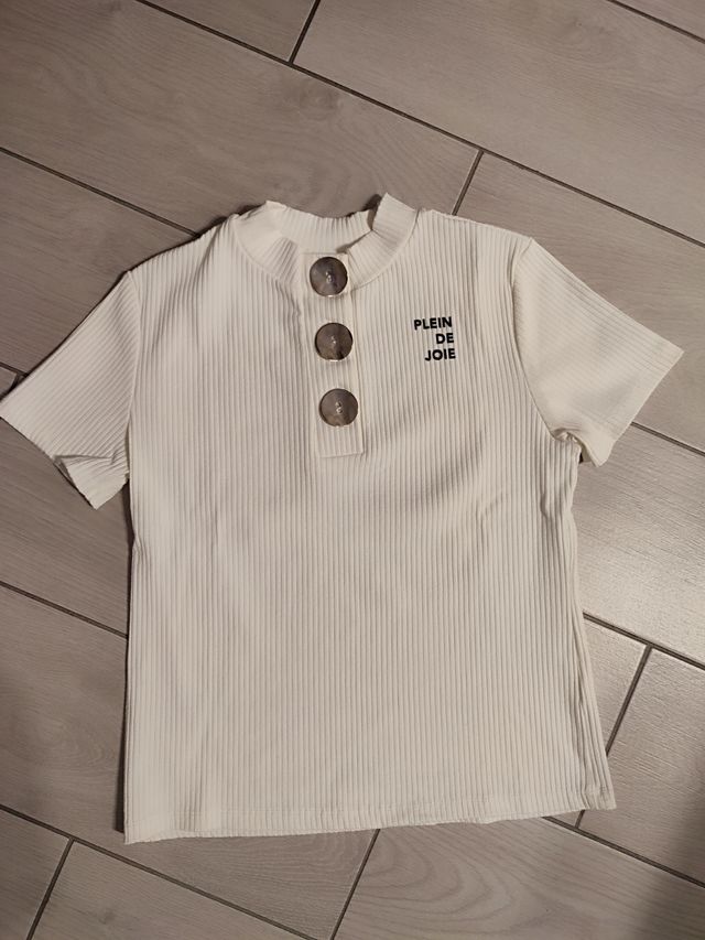 T-shirt a costine color bianco/panna