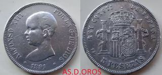 ALFONSO XIII  5 PESETAS 1891 25 GR,37 MM,PLATA