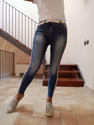 Jeans Hand Work bande laterali con dettagli strass