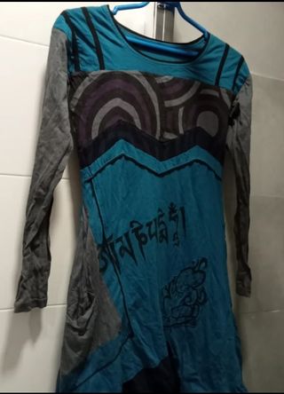 Vestido azul petróleo y gris manga larga