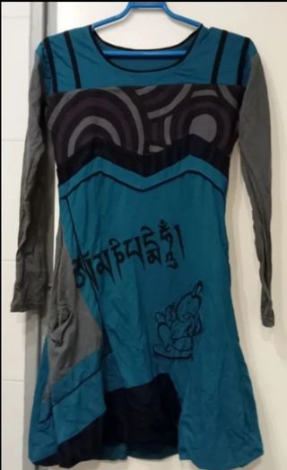 Vestido azul petróleo y gris manga larga