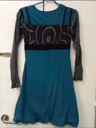 Vestido azul petróleo y gris manga larga